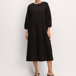 Everlane Women's The Linen A-Line Midi Dress Size 10 Black Puff Sleeve